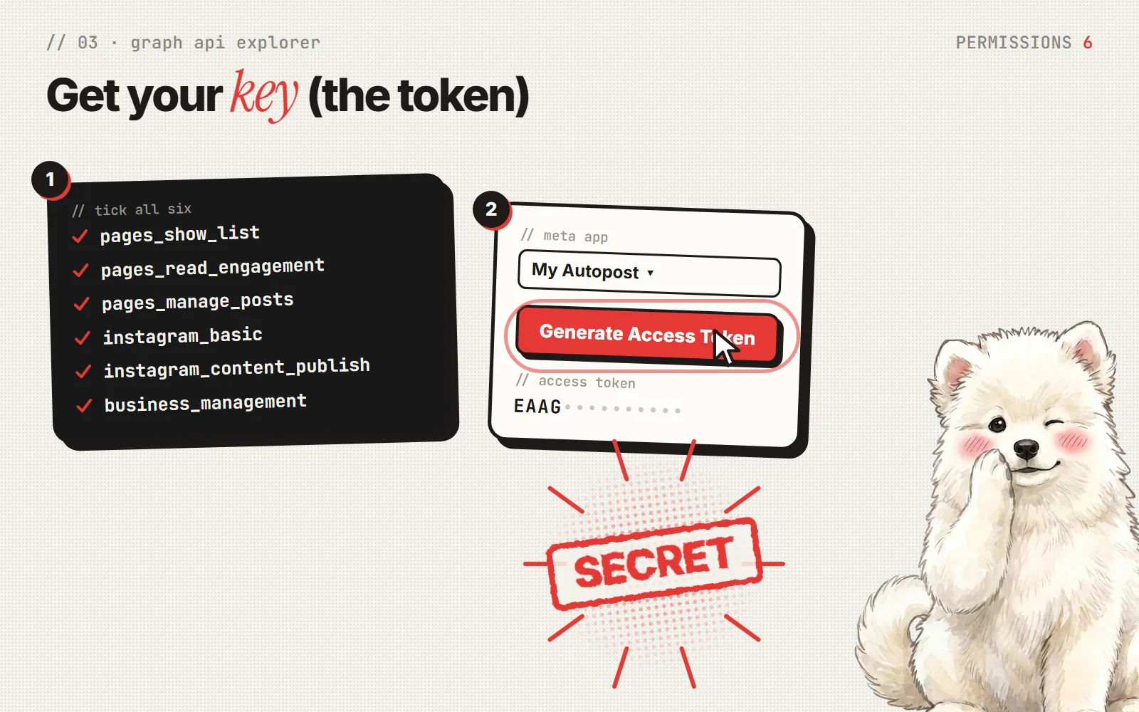 In the Graph API Explorer, pick your app, tick the six permissions, then click Generate Access Token