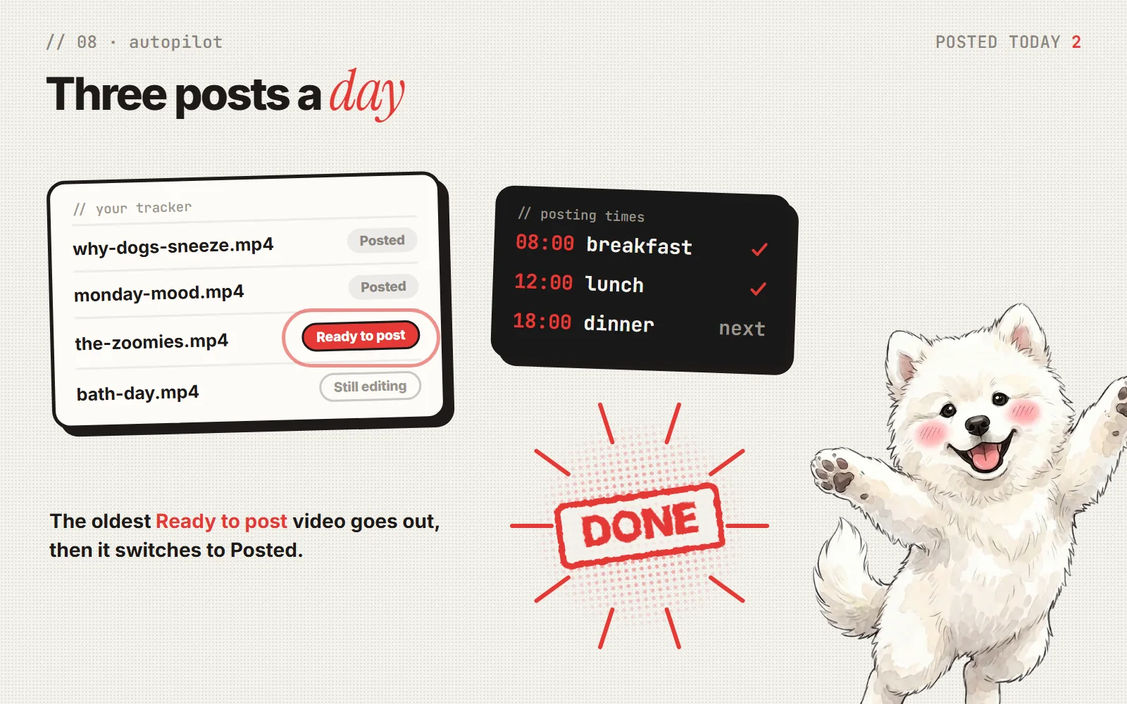 Your tracker lists each video with a status. At 8:00, 12:00 and 18:00 the oldest Ready to post video goes out.